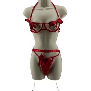 Womens Red Hot Sexy Lingerie Naughty Play Set 3 Pcs Sleepwear Lace Medium